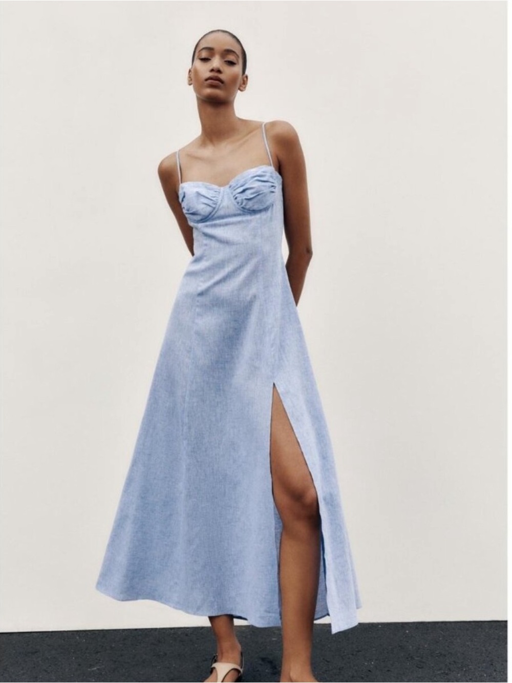 Light Blue Linen Midi Corset Dress